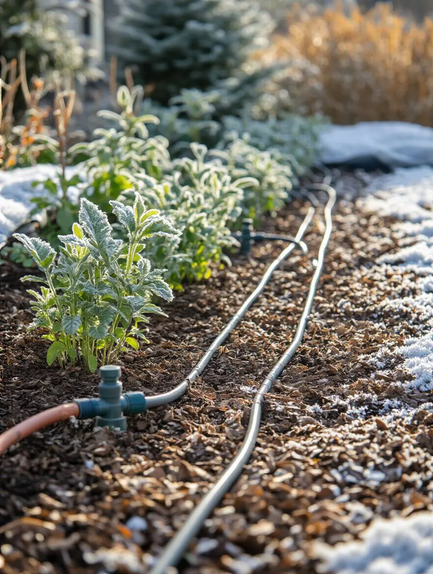 Portrait image of a winterized irrigation system with mulched delicate plants covered by frost cloths in a well-maintained garden bed