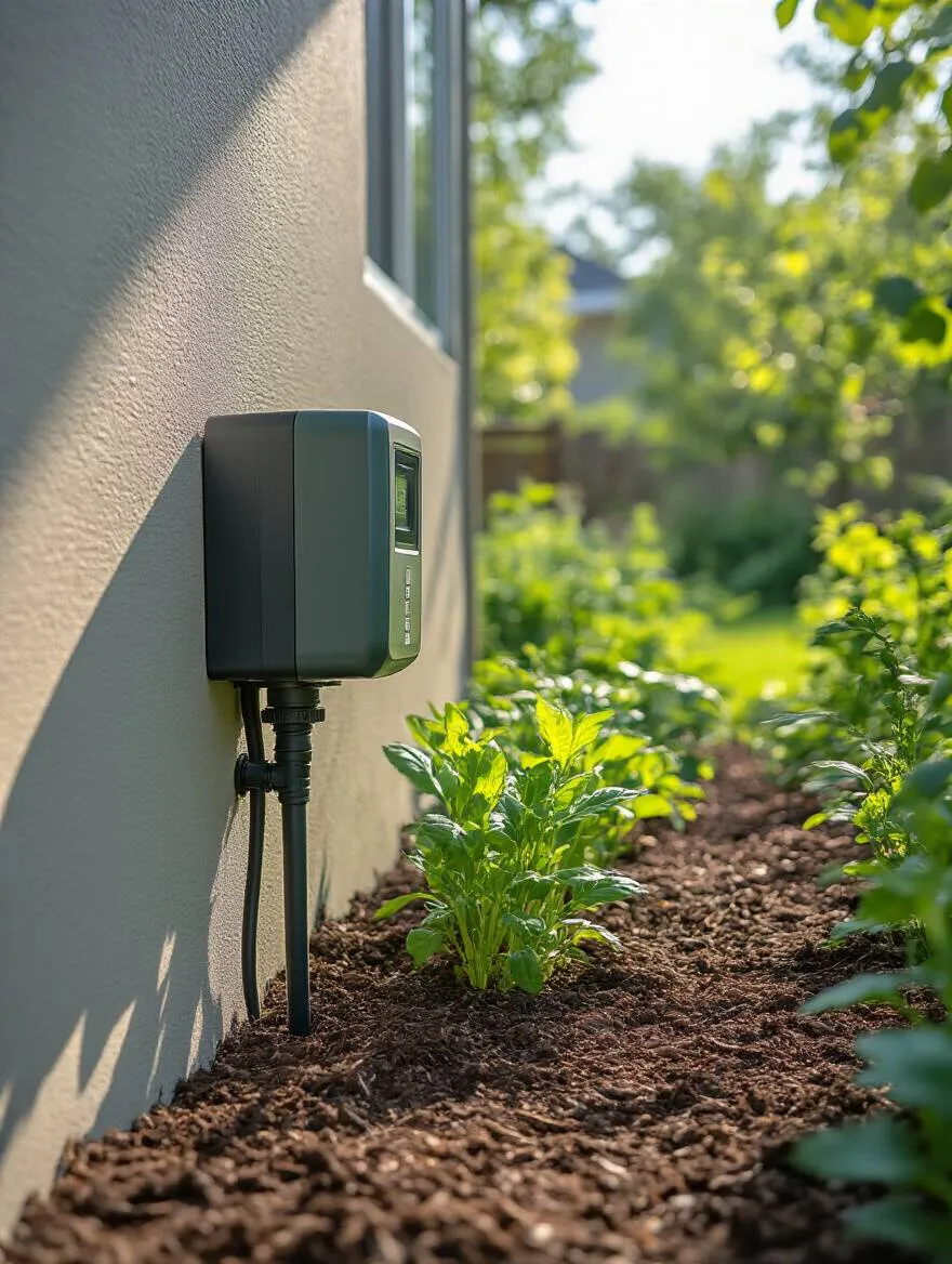 Smart irrigation controller on garden wall surrounded by healthy plants and mulch under morning sunlight