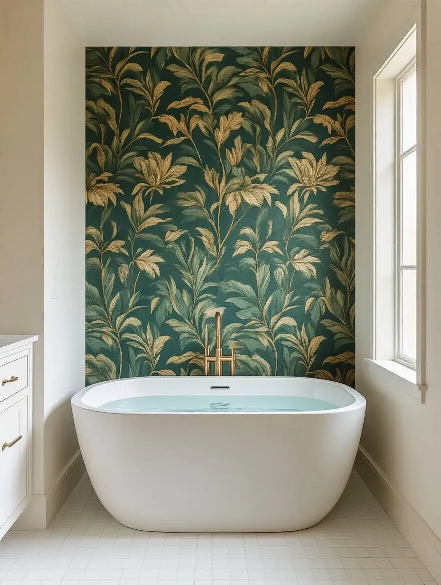 Bathroom with accent wall wallpaper behind a freestanding tub