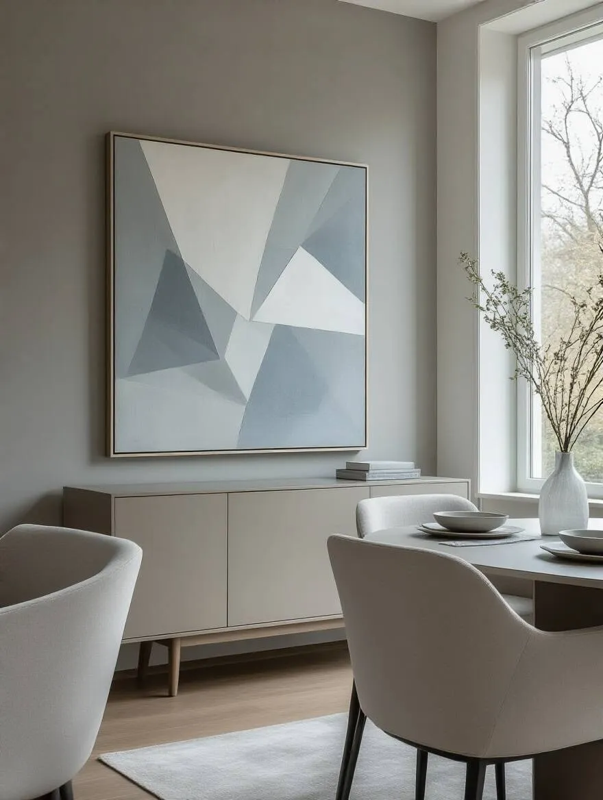 Modern dining room featuring a large abstract artwork over a minimalist buffet, showcasing contemporary wall decor.