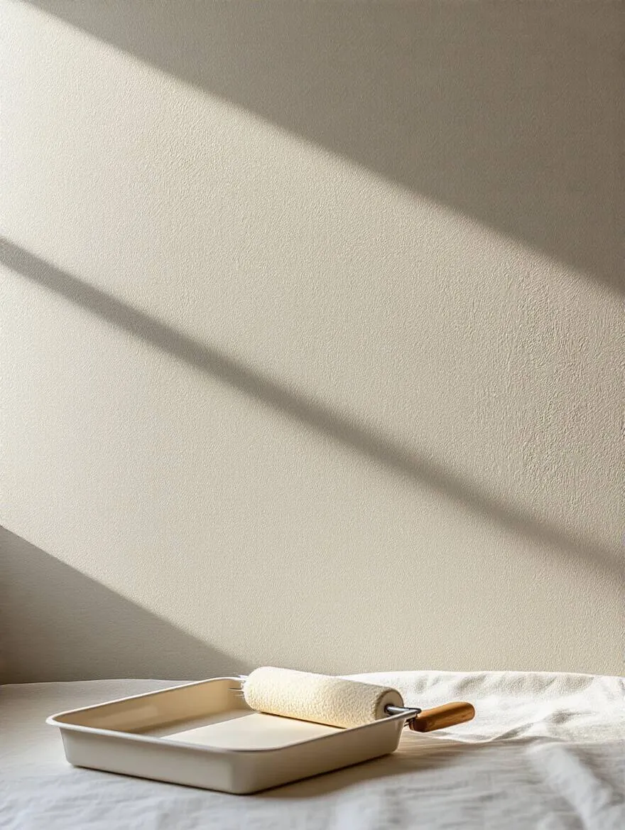 Close-up of a meticulously primed bedroom wall, showcasing a smooth, matte finish ready for wallpaper application, with no visible imperfections, hinting at a seamless result.