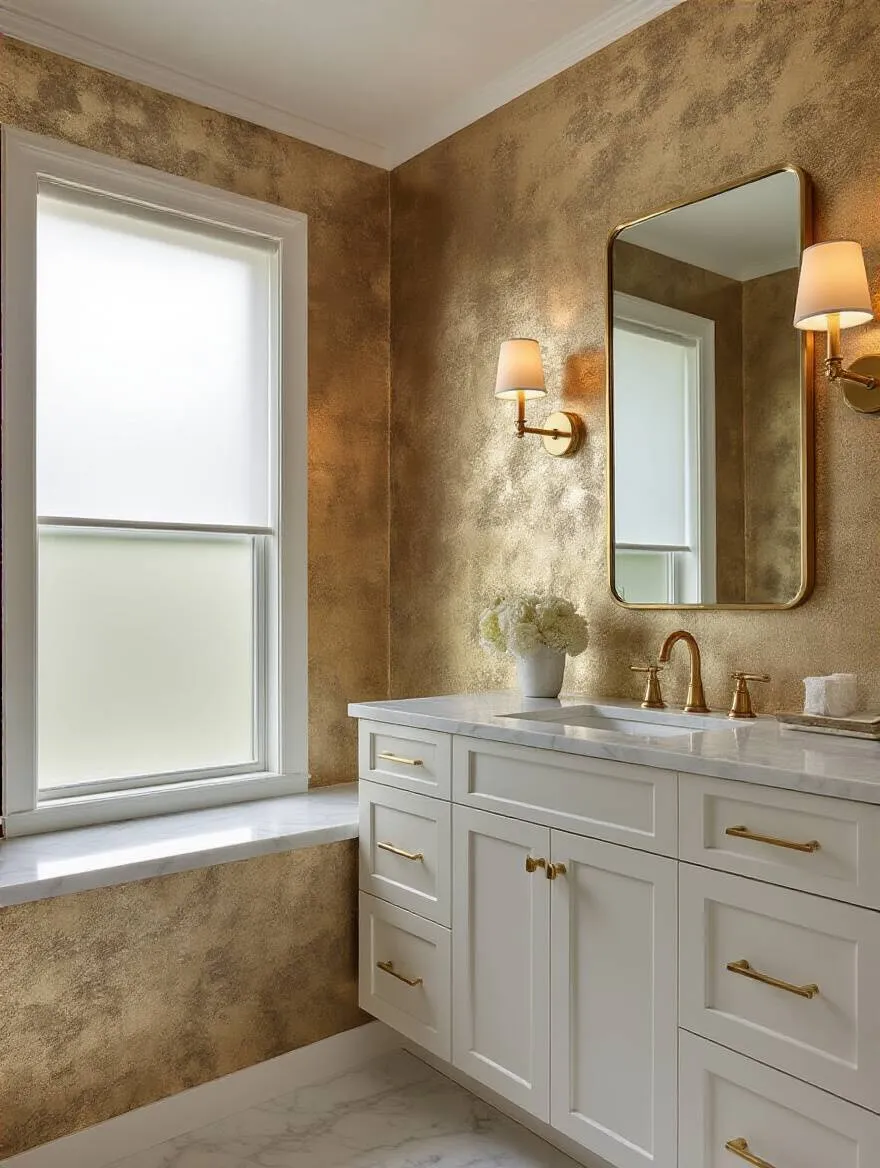 Luxurious bathroom wall with metallic textured wallpaper reflecting light