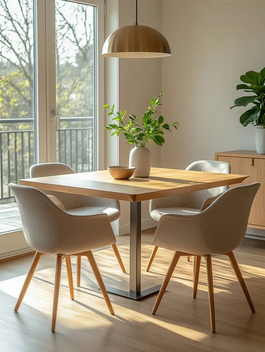 A stylish compact expandable dining table in a contemporary dining room, showcasing flexible design for various guest numbers.