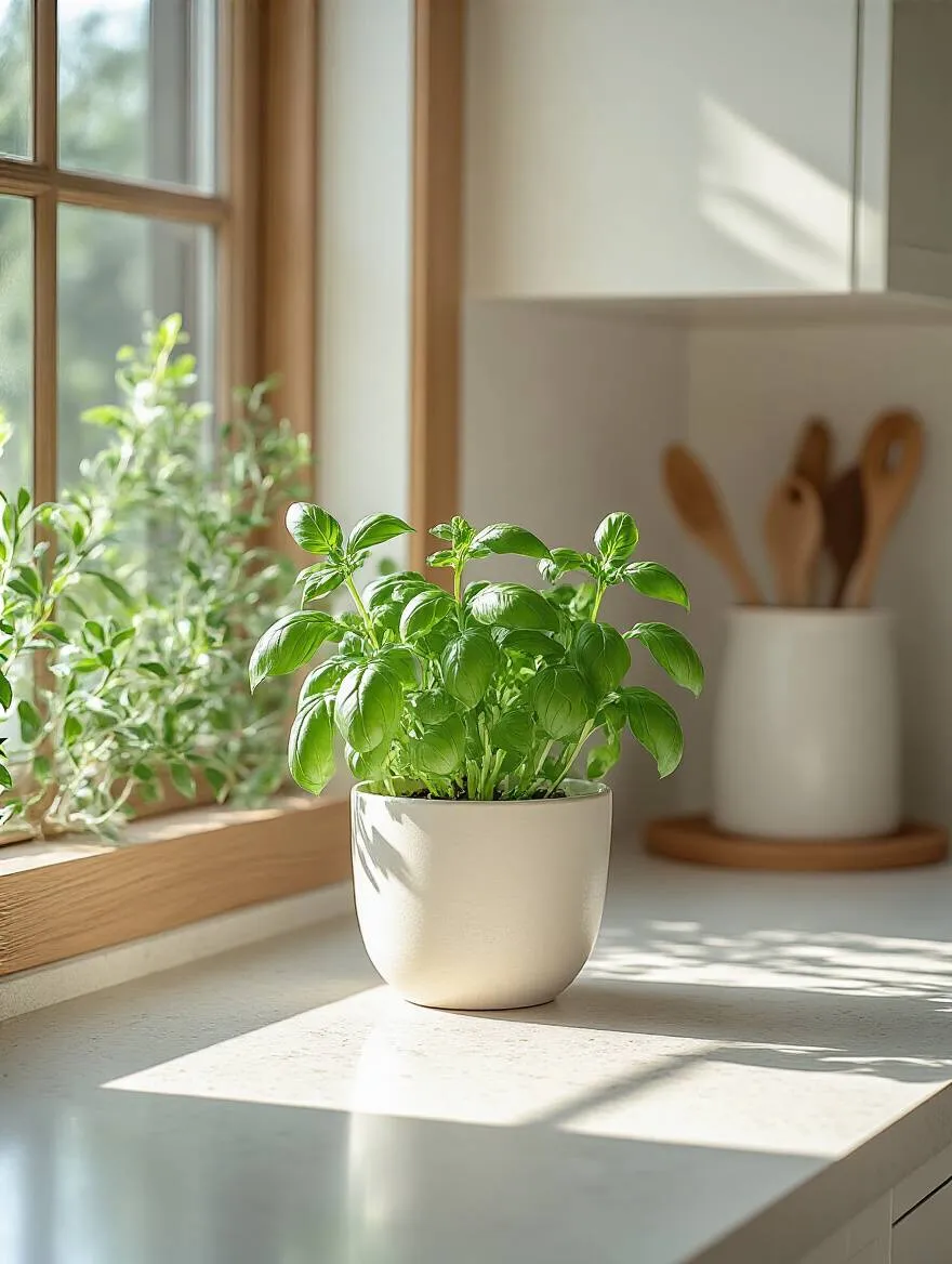 Minimalist kitchen with a single herb plant on a clean, light countertop
