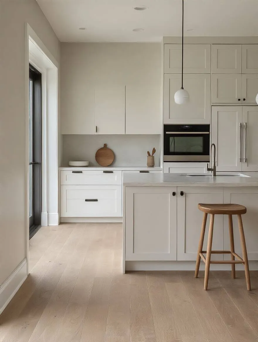 Portrait of a minimalist kitchen showcasing a cohesive color palette in soft neutrals