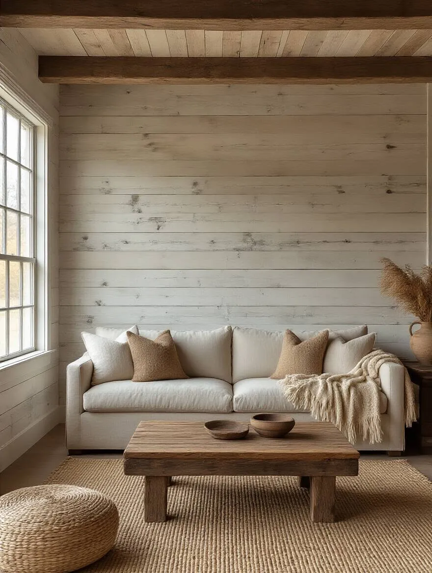 Portrait view of a rustic living room wall with distressed wood paneling and shiplap accents