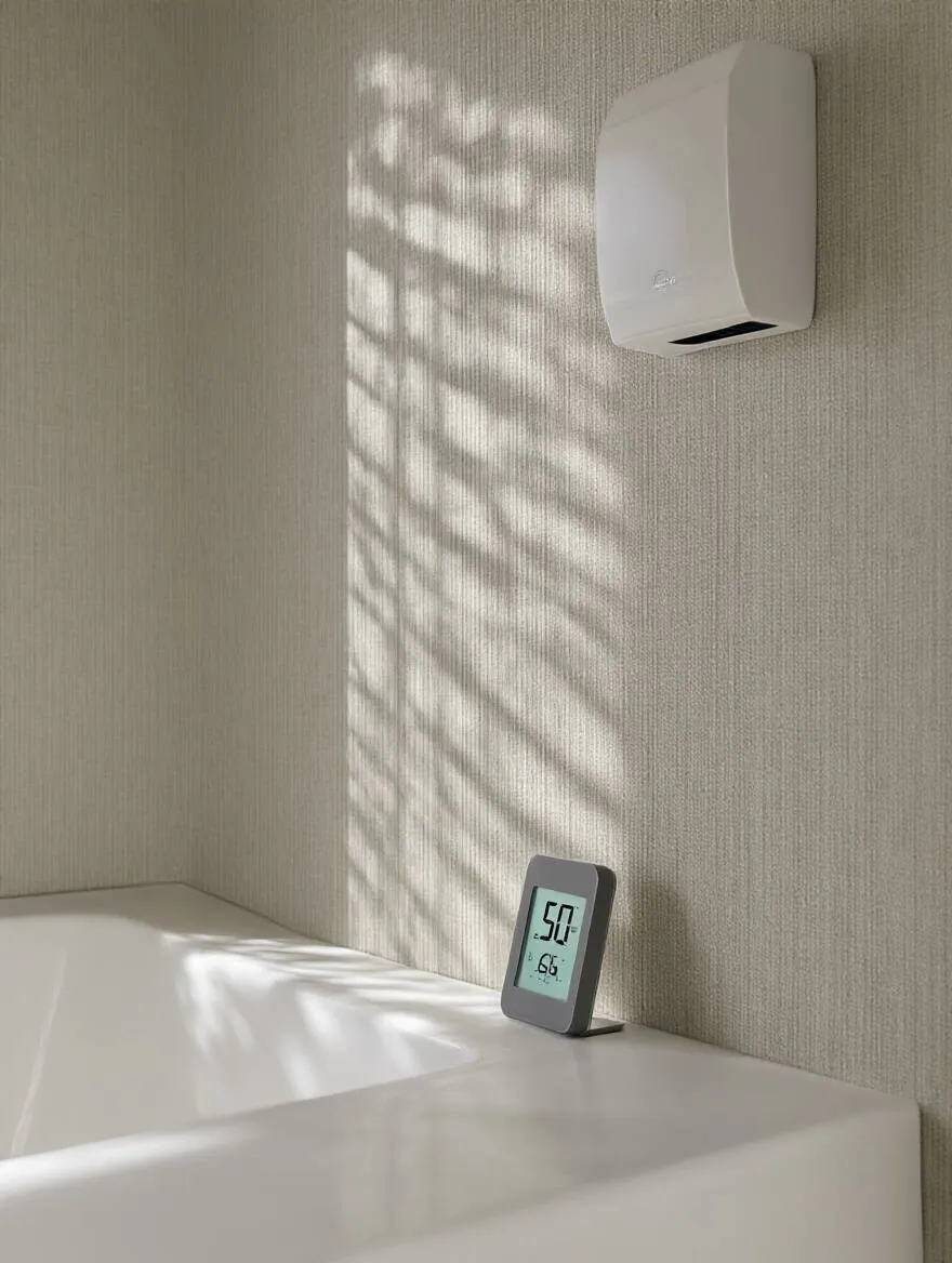 Portrait of bathroom wall with moisture-resilient wallpaper and humidity gauge