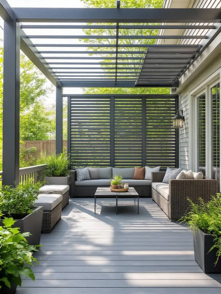 Back porch patio with climate-ready materials and adjustable shade