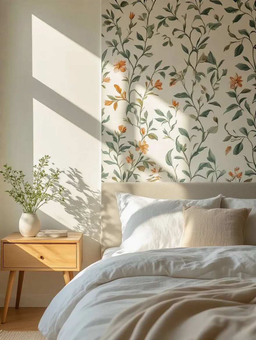 A large botanical wallpaper sample taped to a bedroom wall, half in bright natural light and half in soft shadow, illustrating how light affects wallpaper pattern vibrancy.