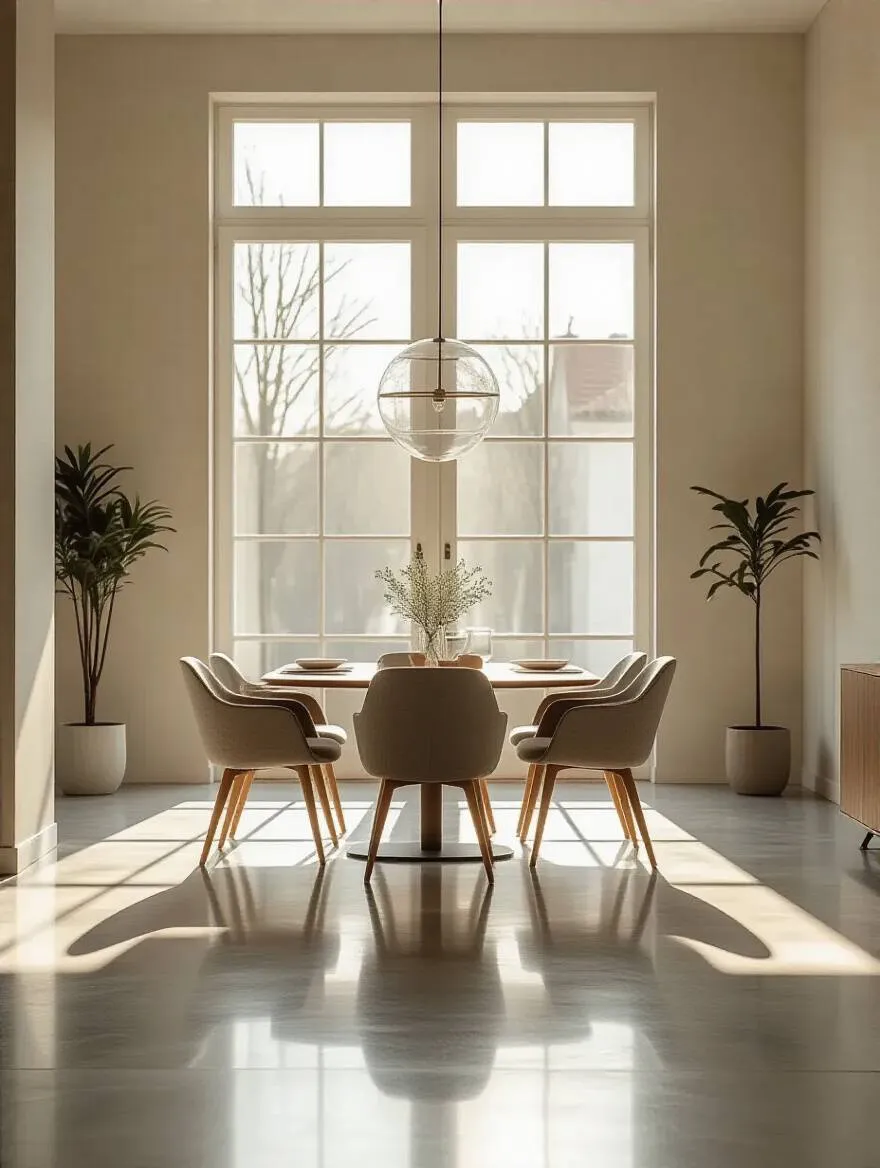 Empty contemporary dining room with sleek design and abundant natural light, showcasing spaciousness for ideal furniture scale.