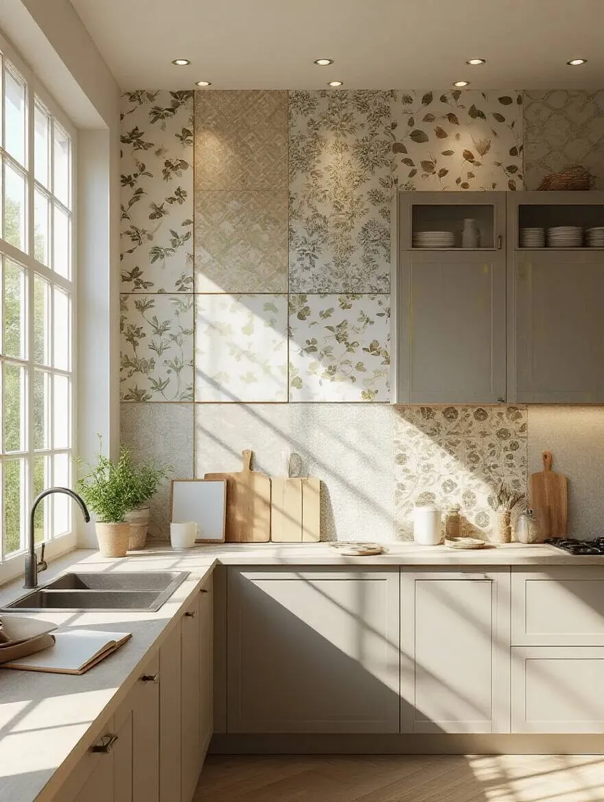 Kitchen wall with wallpaper samples illuminated by natural window light and artificial under-cabinet lighting, showing how light and kitchen layout affect pattern impact.
