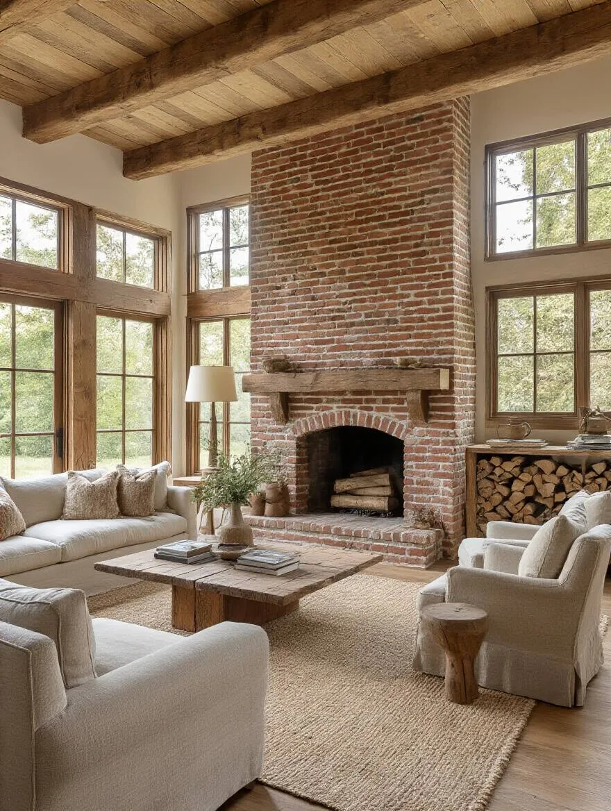 Portrait of a rustic living room highlighting exposed beams, brick wall, and a fireplace.