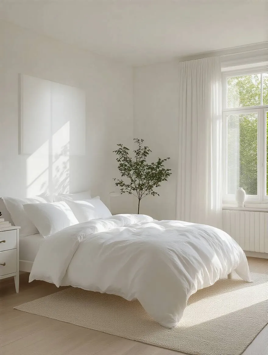Vertical bedroom interior showing natural light on white walls and bed with two wall tones (pure white and warm white)