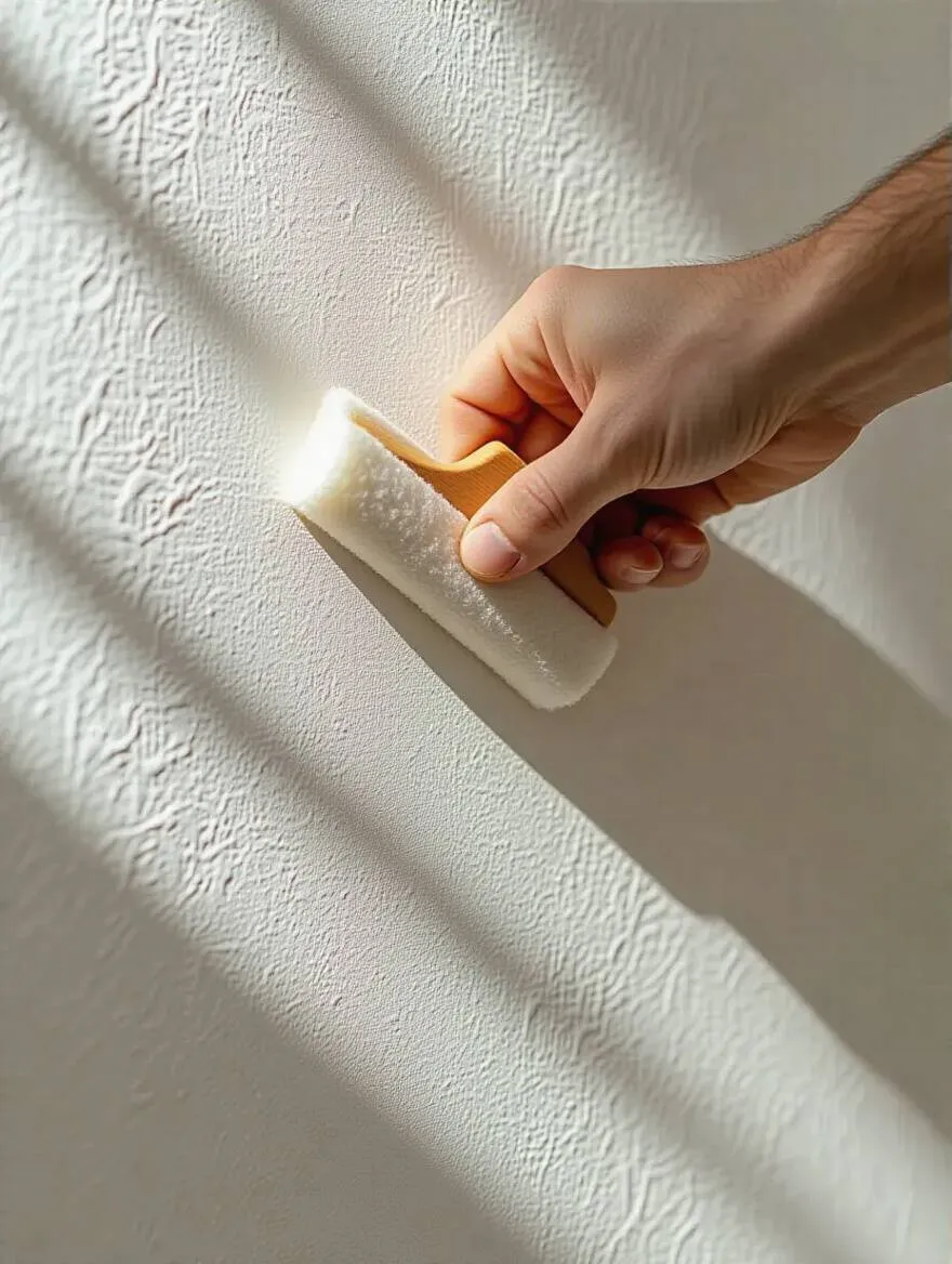 Close-up of a wallpaper smoother tool flattening textured wallpaper on a bedroom wall, ensuring no bubbles or wrinkles.