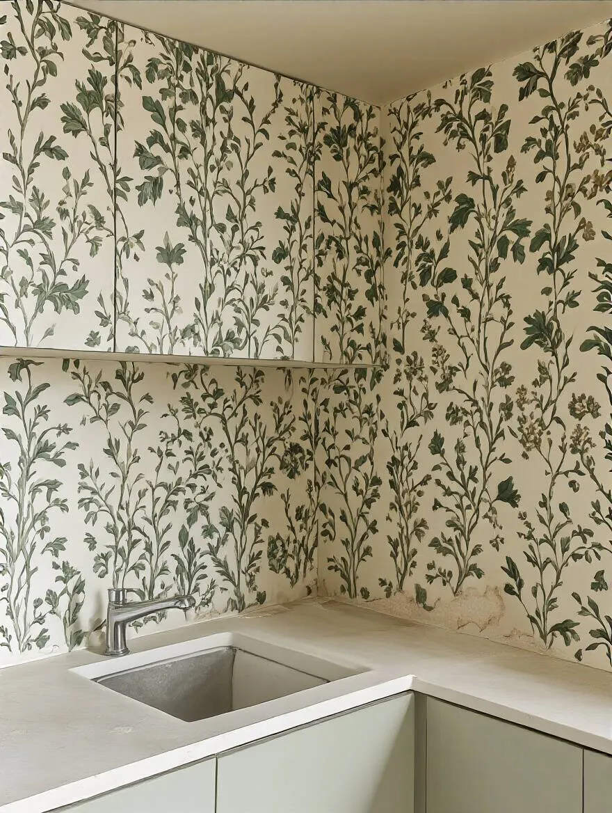 A small, cluttered kitchen with a busy botanical wallpaper pattern covering all walls, showing a corner peeling near a sink, illustrating common kitchen wallpaper mistakes with over-patterning and high-moisture zone issues.