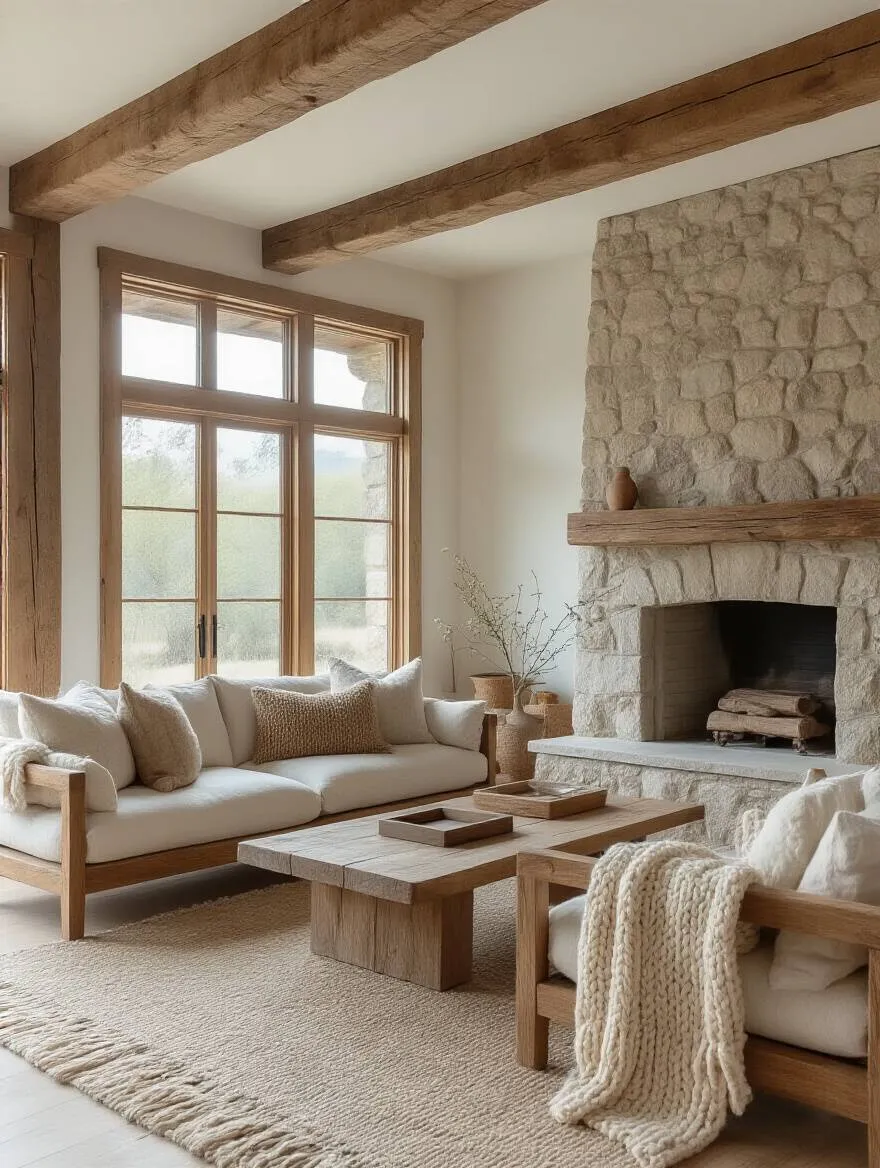 Portrait interior shot of a minimalist rustic living room with natural materials and ample negative space.