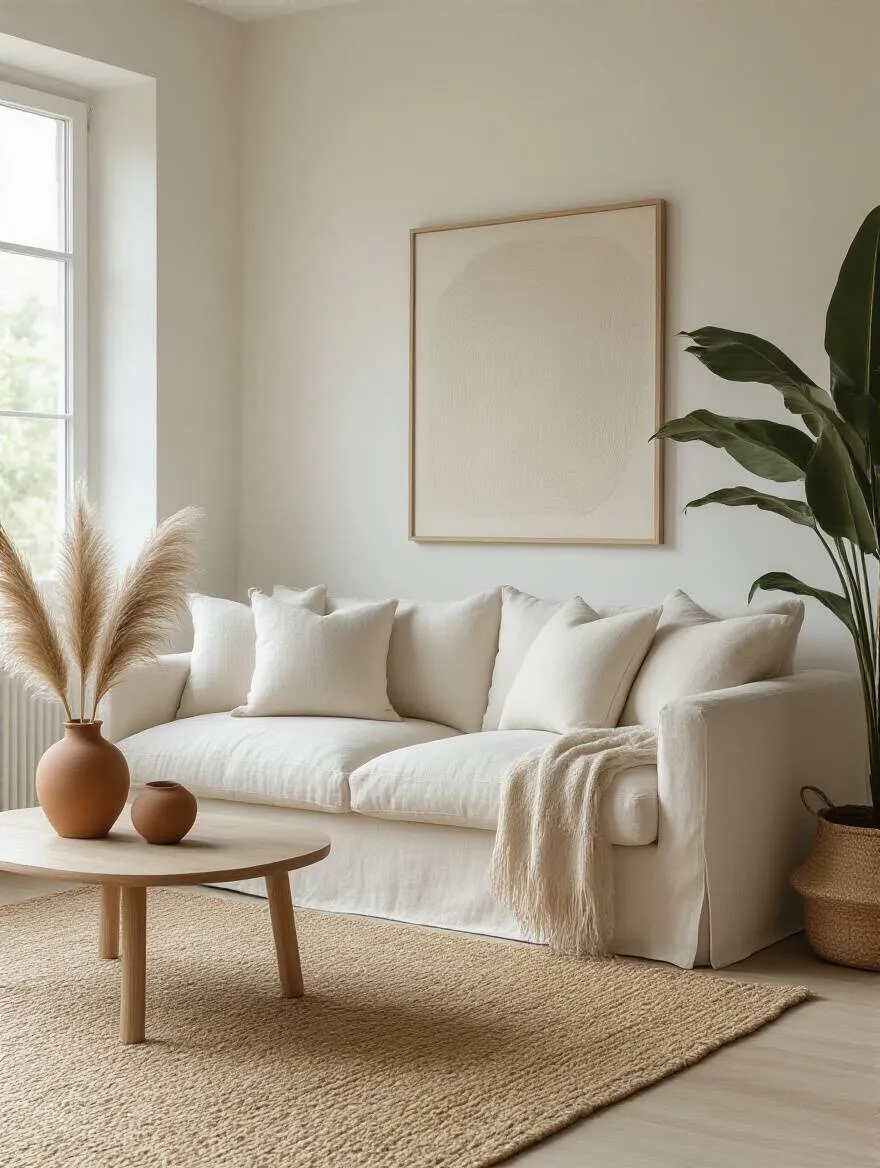 A clean and airy boho living room with ample negative space, a light linen sofa, a jute rug, and minimal, strategically placed decor, showcasing a balanced and uncrowded layout for a serene feel.