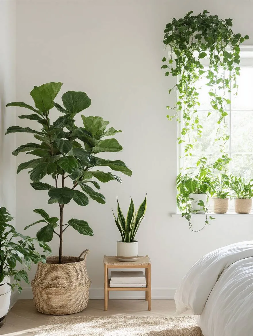 Vertical white bedroom interior with fiddle-leaf fig, snake plant, and pothos greenery