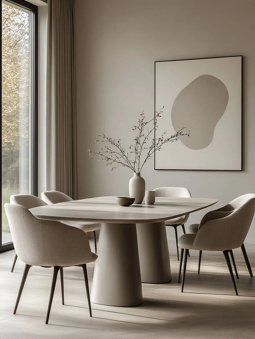 Contemporary dining room with a high-quality, extendable dining table and elegant upholstered chairs, representing smart budget allocation for key furniture investments.