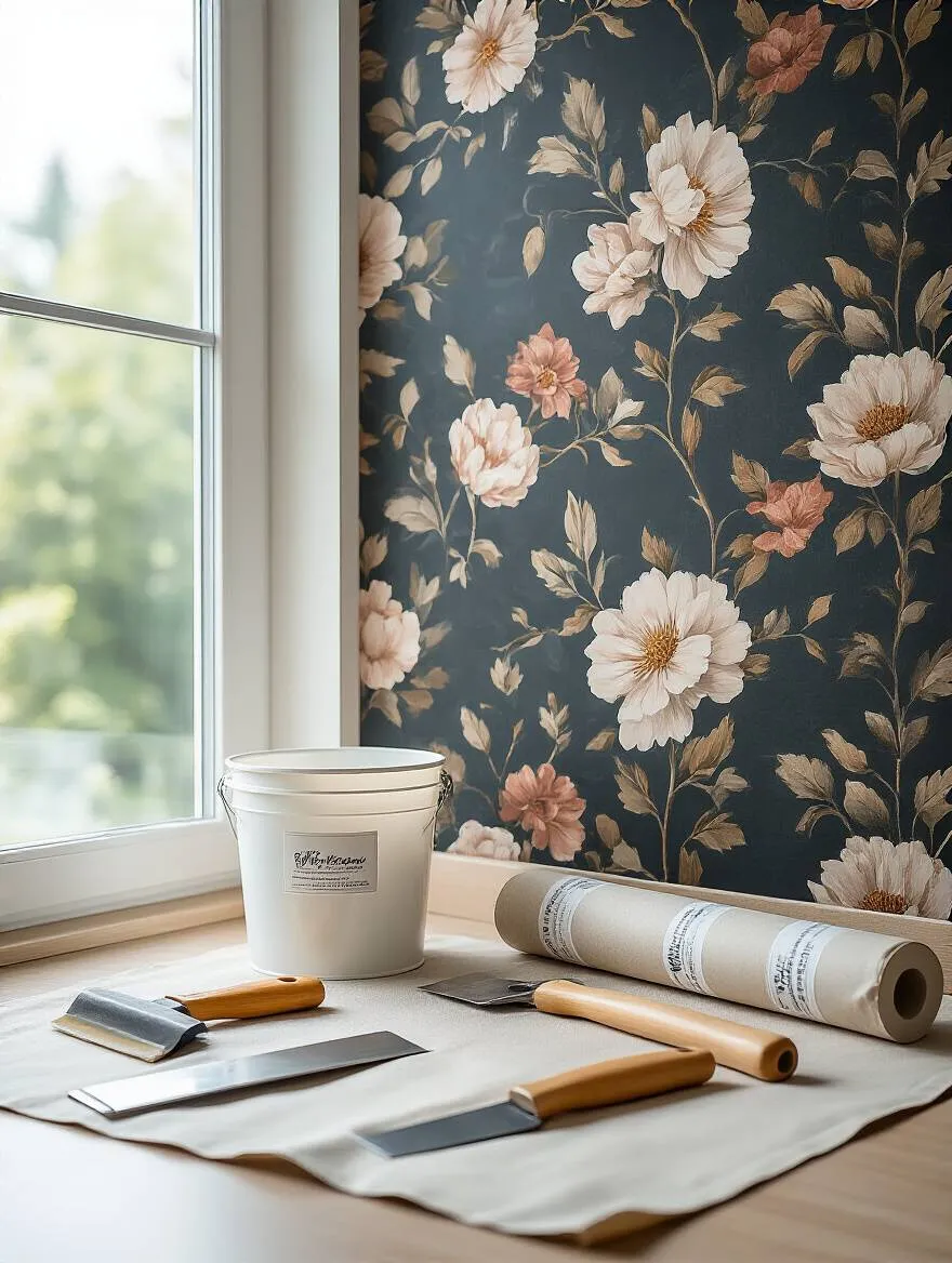 Organized wallpapering tools, adhesive bucket, and wallpaper rolls beside a freshly wallpapered kitchen wall, symbolizing budget planning for kitchen renovations.