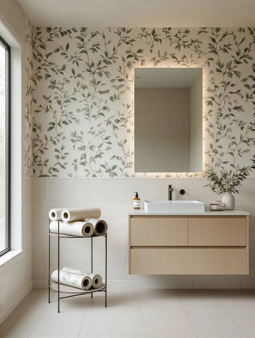 Portrait of a bathroom wallpaper quantity planning setup