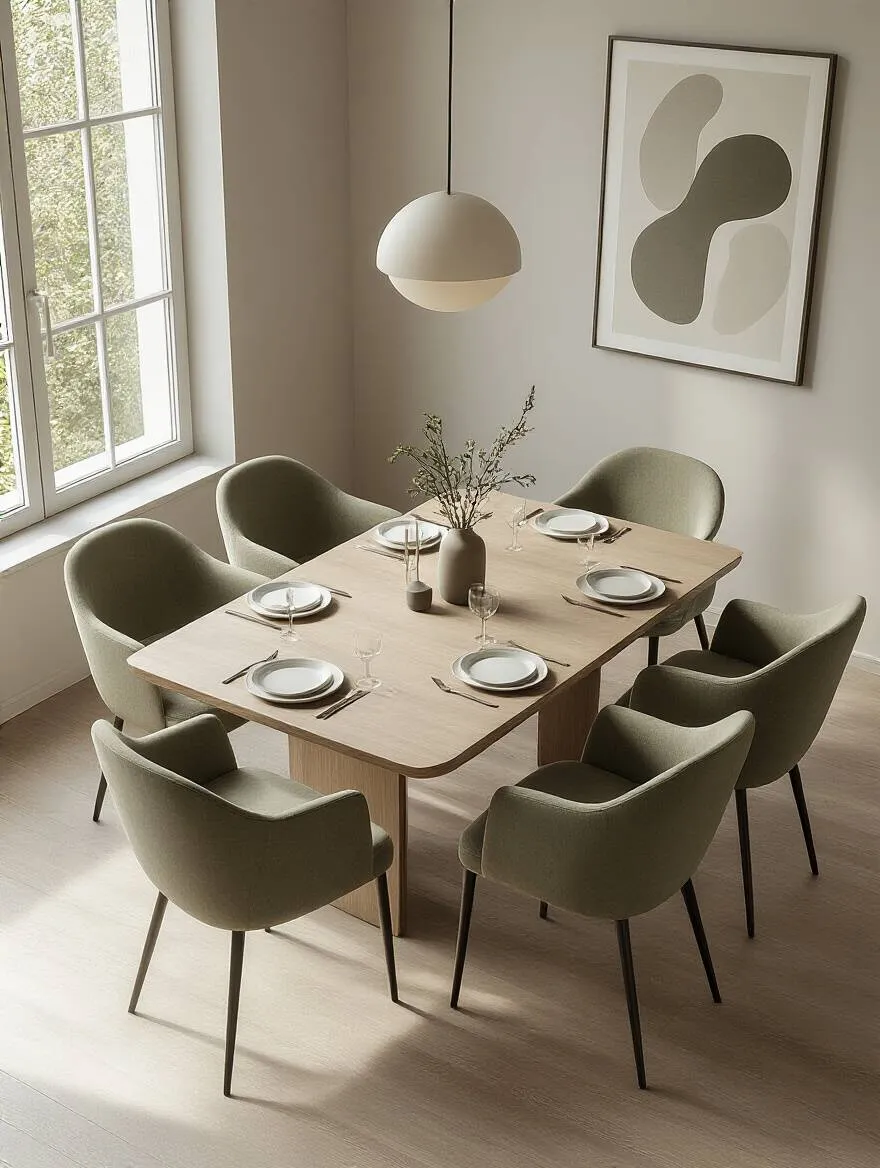 Contemporary dining room with light wood table and charcoal grey ergonomic dining chairs, showcasing modern style and comfort.