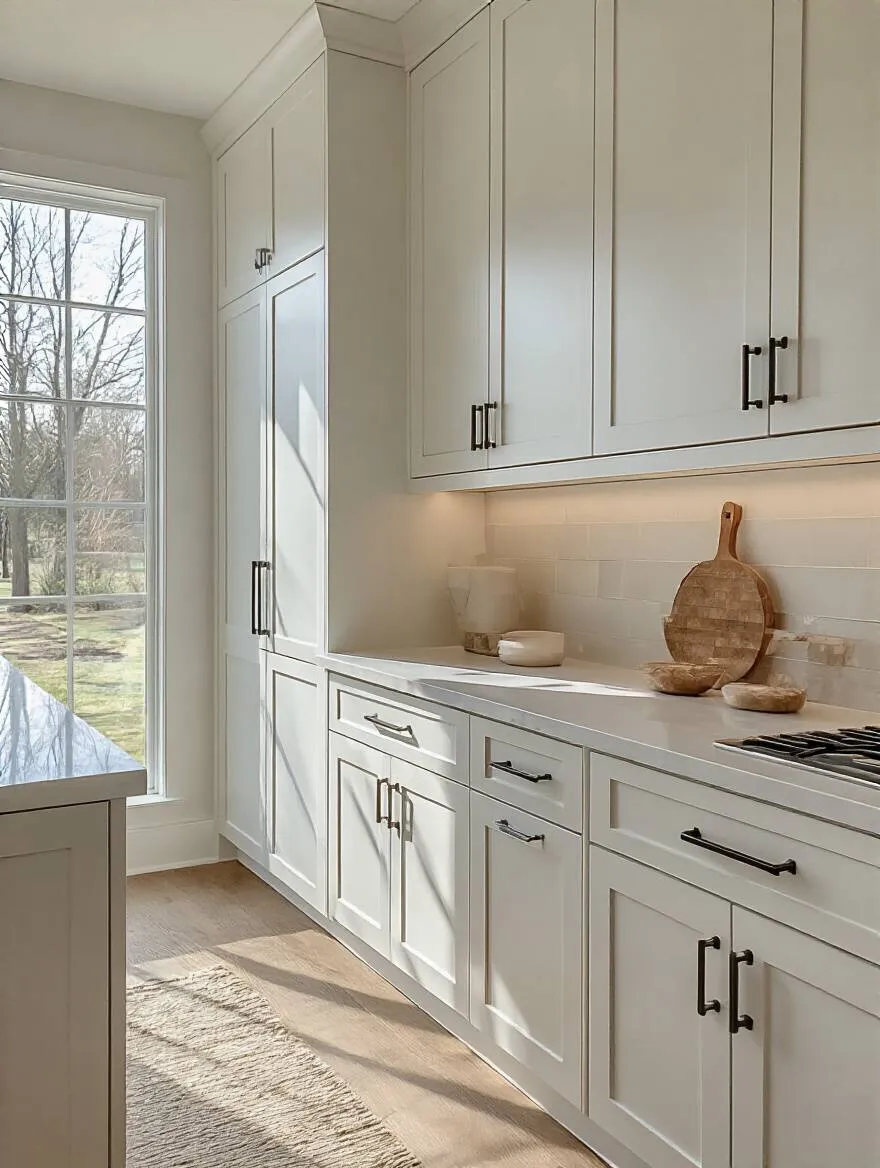 Portrait shot of modern kitchen hardware on cabinetry