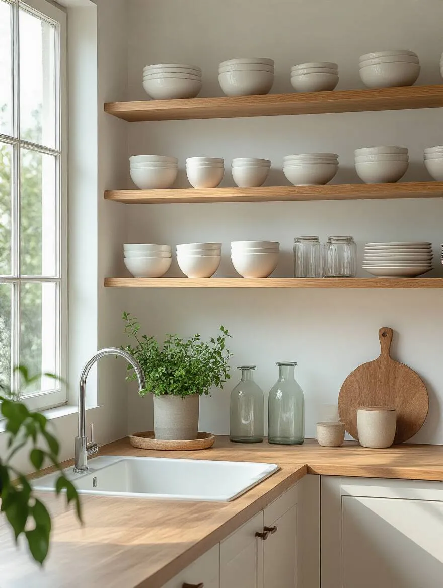 Minimalist kitchen open shelves with curated display items and negative space