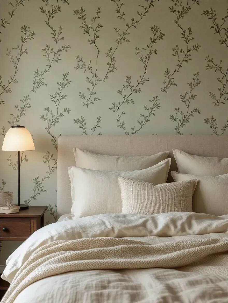 A tranquil bedroom featuring a wall covered in delicate, small-scale botanical wallpaper, evoking a cozy and intimate atmosphere. The bed has soft linens, and a lamp casts warm light.
