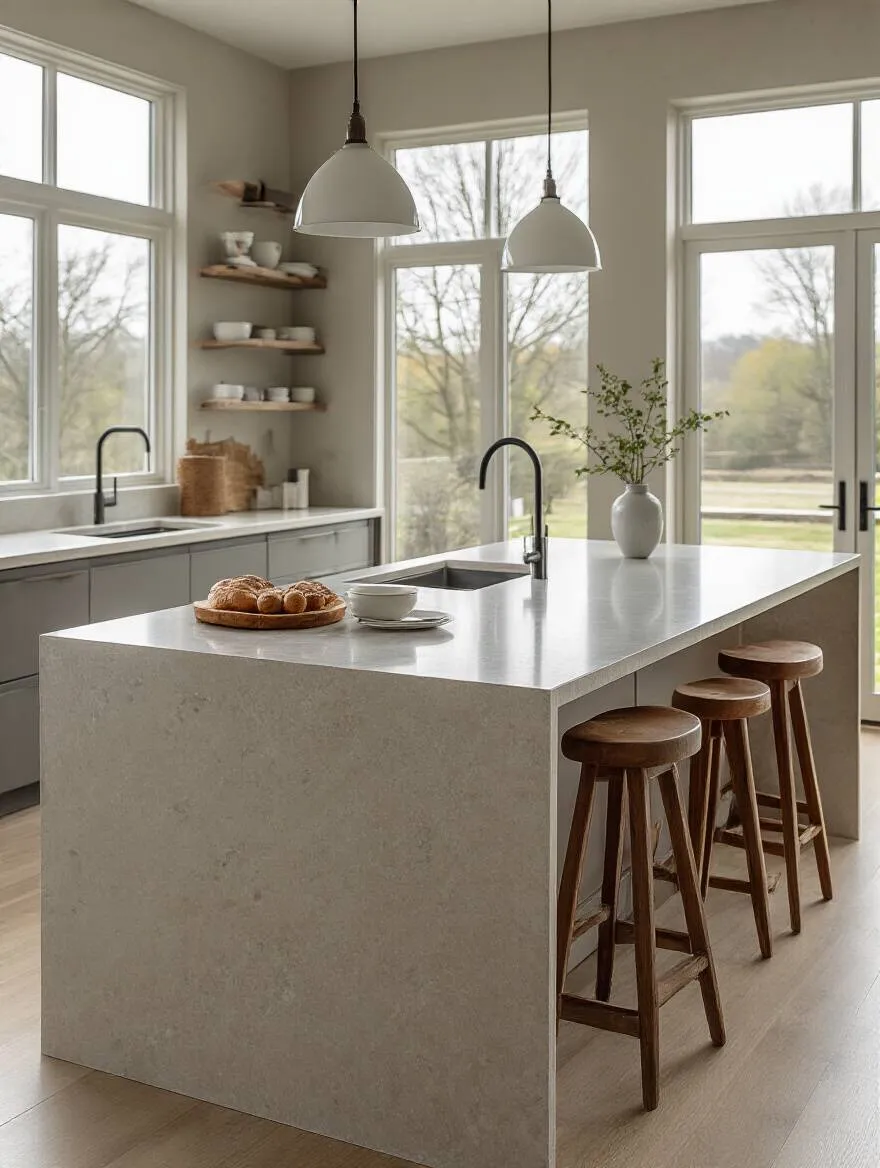 Portrait of a modern kitchen island with stain-resistant countertops