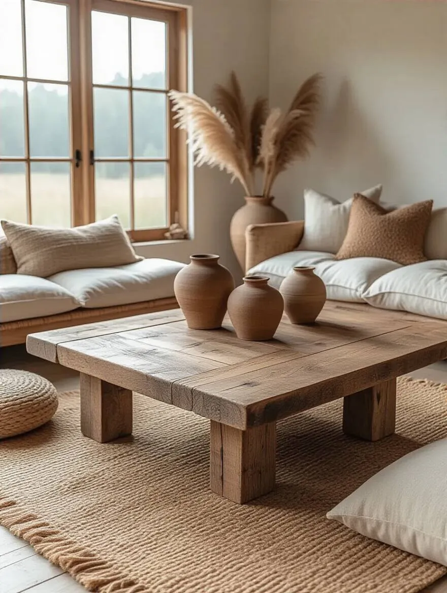 Boho living room with reclaimed wood coffee table, sustainably sourced, organic charm, neutral tones, natural textures, bohemian interior design.