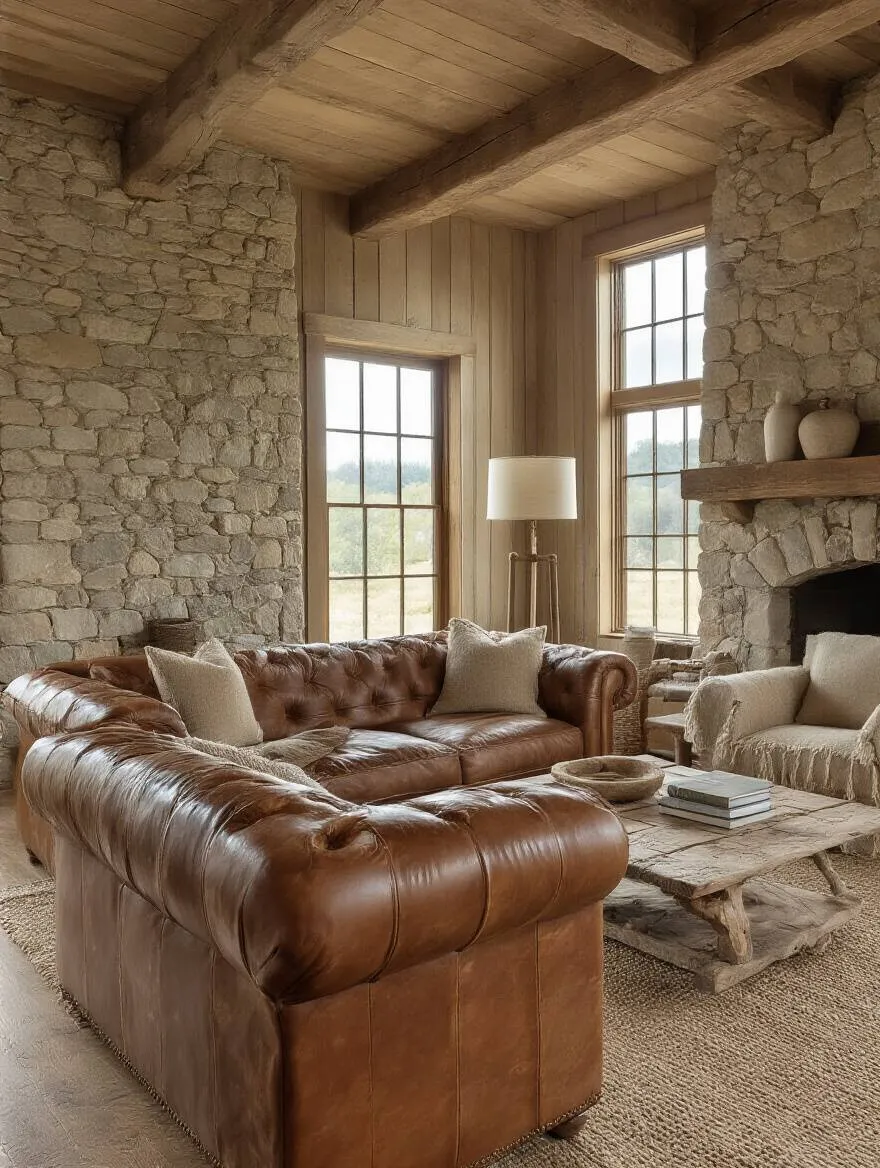 Rustic living room with textured leather, burlap, and wool upholstered seating