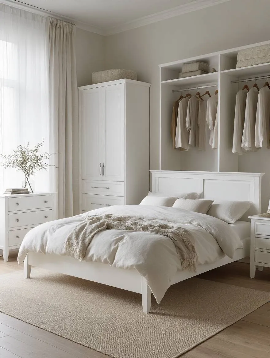 White bedroom with cohesive furniture pieces and soft textures