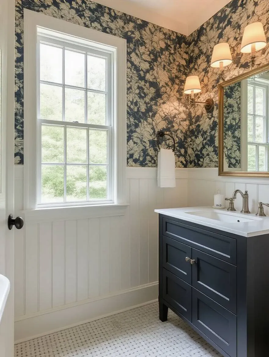 Bathroom wall with white beadboard wainscoting and upper wallpaper showing a clean seam