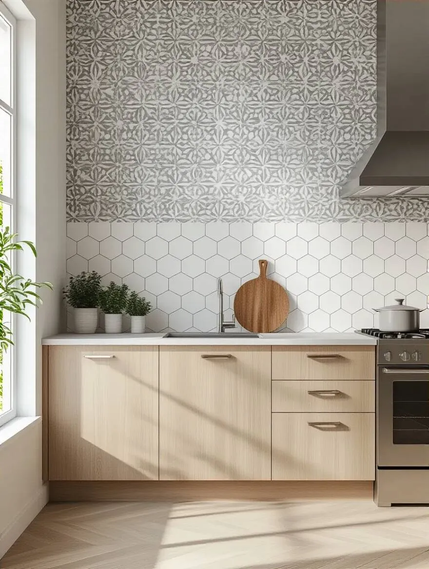Kitchen interior with coordinated patterned wallpaper and white hex tile backsplash, featuring wooden cabinets and a modern range.