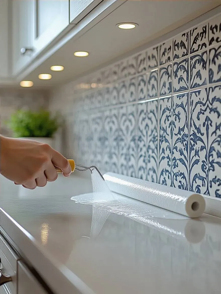 A detailed view of patterned kitchen wallpaper receiving a clear, washable protective topcoat for enhanced durability and resistance to kitchen hazards.