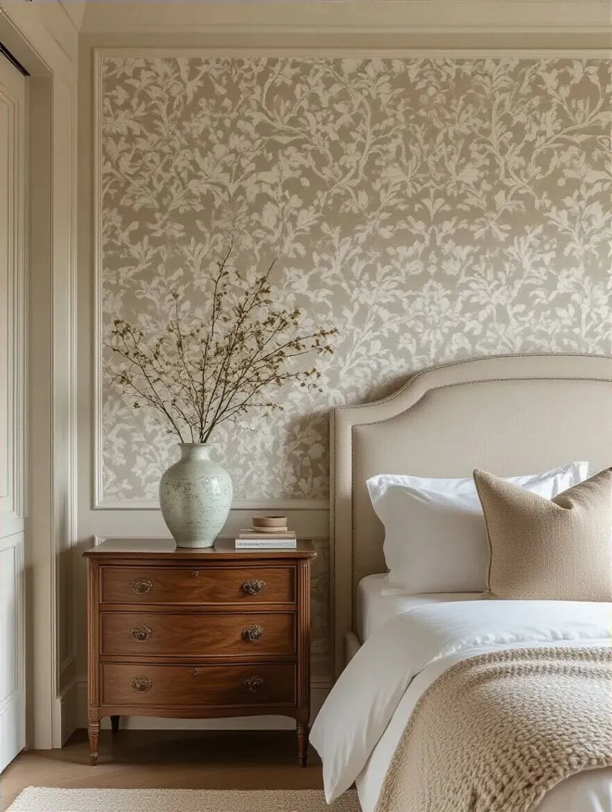 Portrait view of a bedroom featuring a harmonious wallpaper design integrated with an elegant wooden dresser and decorative vase, showing cohesive interior styling.