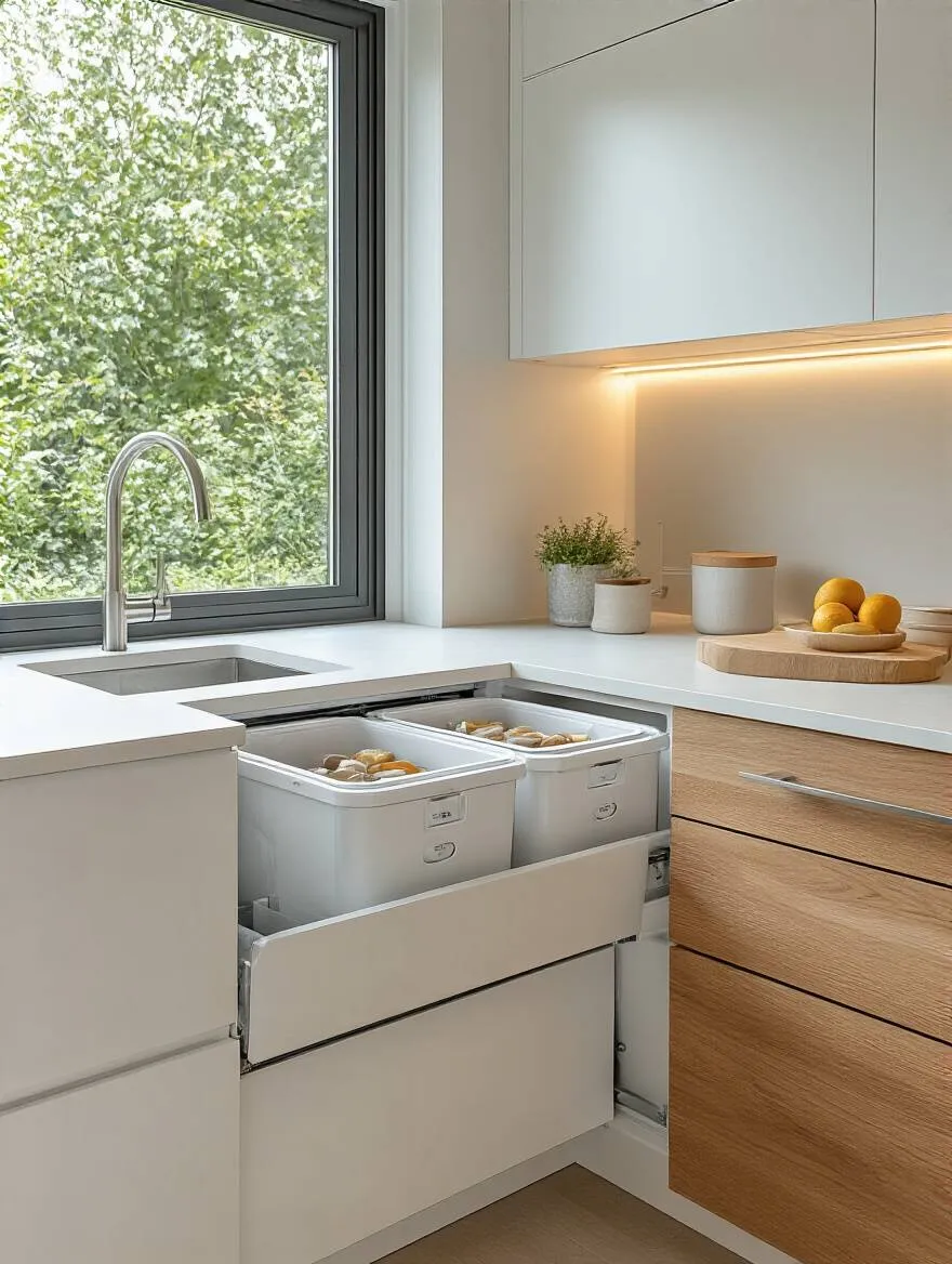 Hidden waste management system integrated into modern kitchen cabinetry