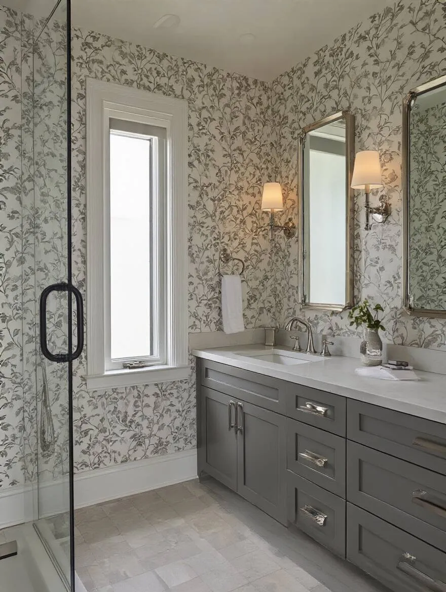 Cohesive wallpaper coordination with bathroom fixtures and hardware.