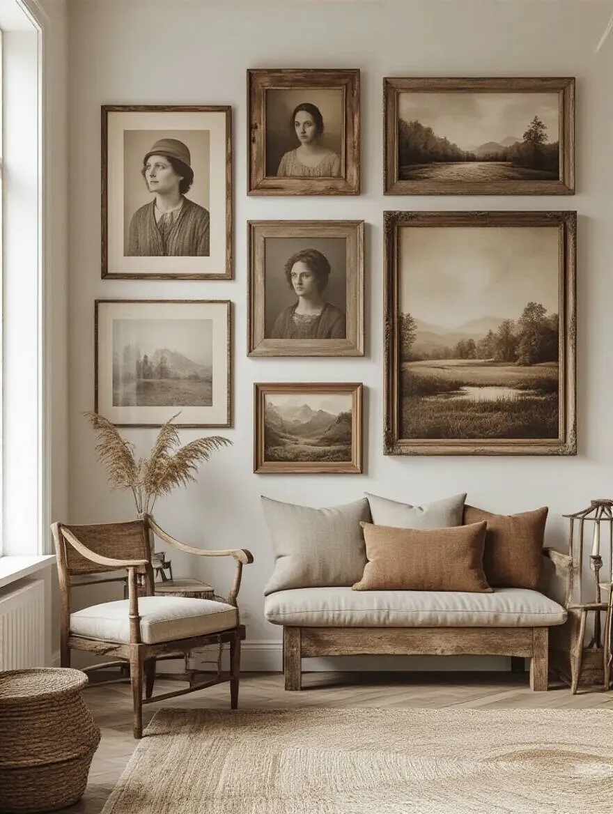 Portrait view of a rustic gallery wall with mismatched frames in a cozy living room