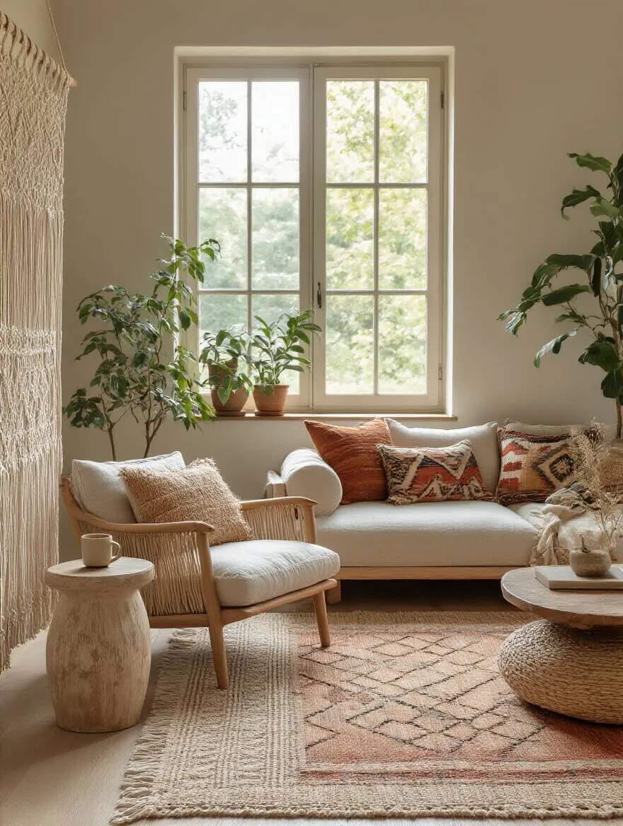 Boho living room with clearly defined functional zones, using a natural fiber rug and a macrame divider to separate a reading nook from a seating area. Serene and thoughtful layout.