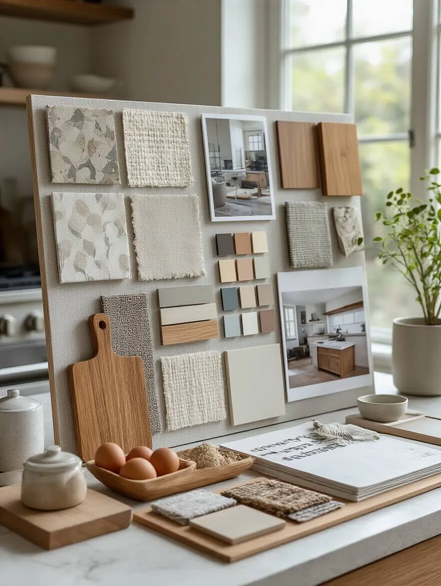 Kitchen mood board with wallpaper samples, paint chips, fabric swatches, and material samples, helping visualize kitchen aesthetic goals and harmony.