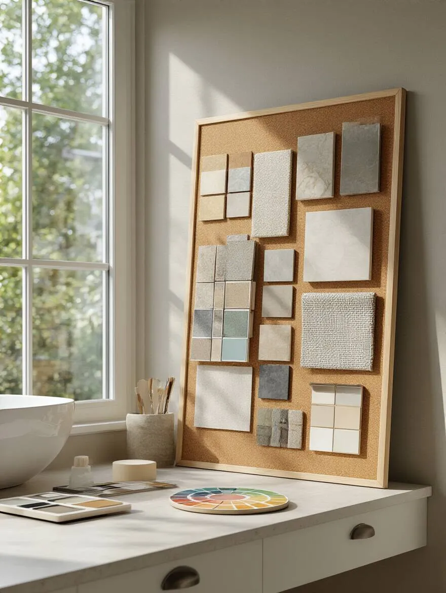 Portrait of a bathroom mood board with tile swatches, paint chips, and fabric textures on a cork board