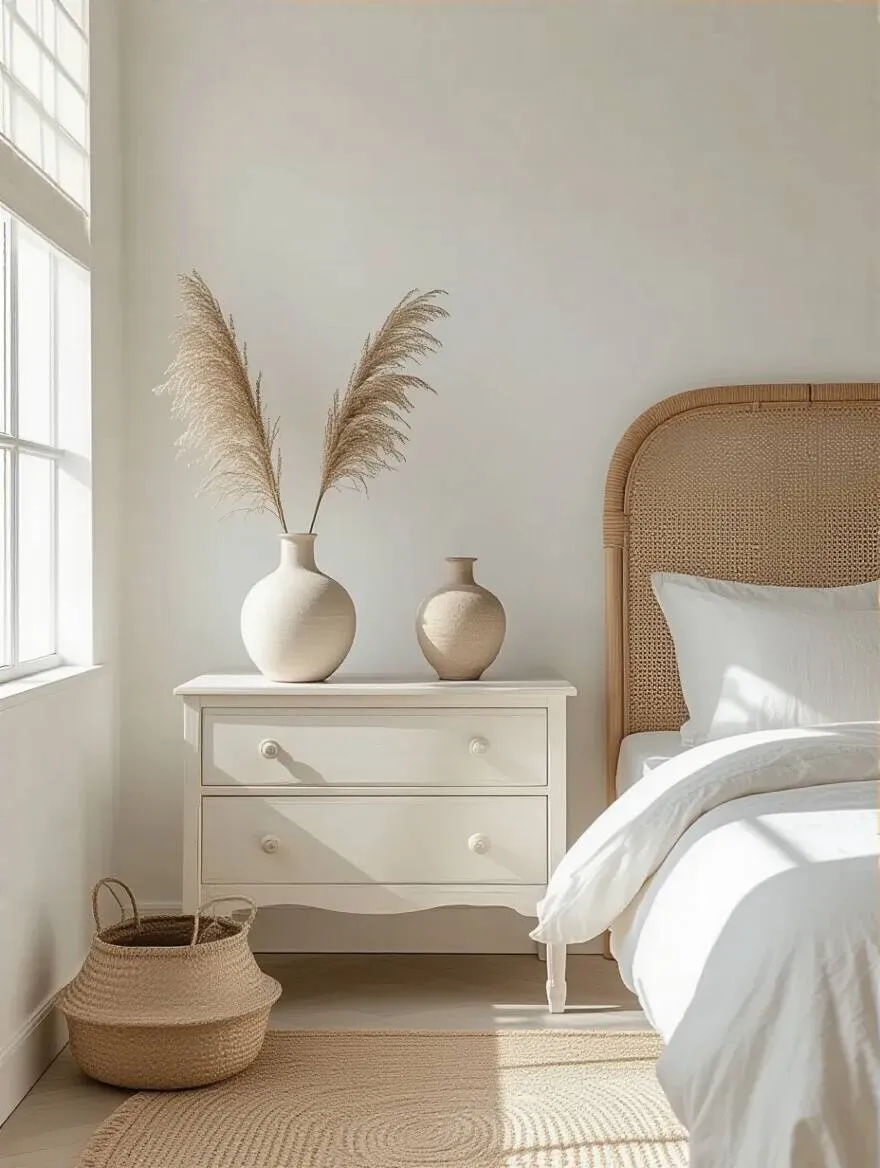 Portrait of a white bedroom with a single statement accessory on a dresser