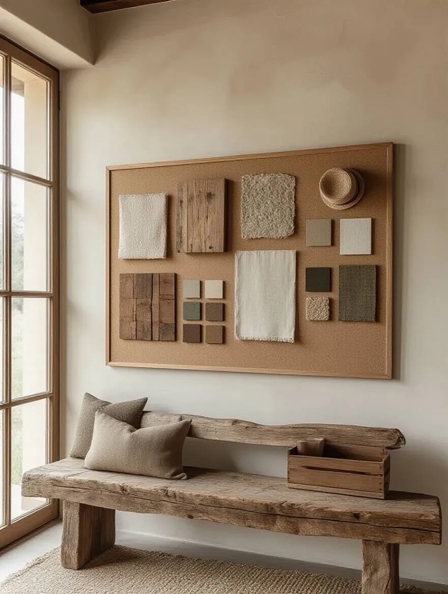 Portrait of a rustic mood board setup with fabric swatches, wood textures, and stone images on a cork board
