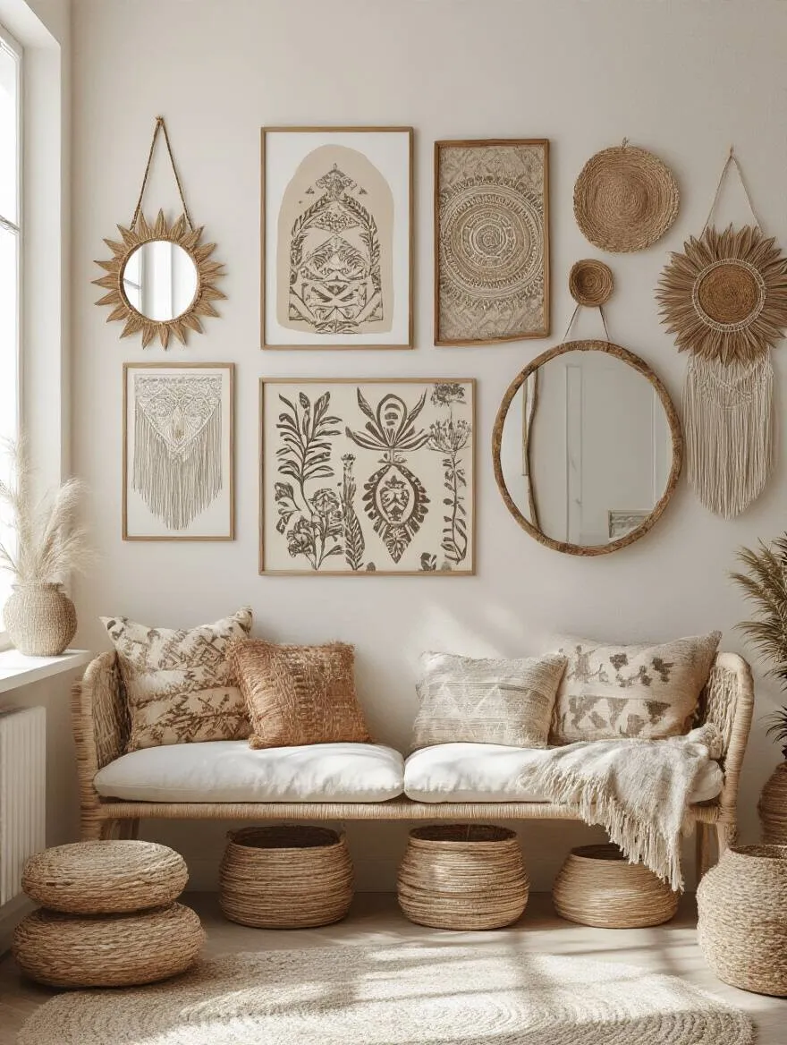 Boho gallery wall featuring diverse global art, round sunburst mirrors, and textured macrame woven hangings, arranged organically on a light-colored wall in a living room.