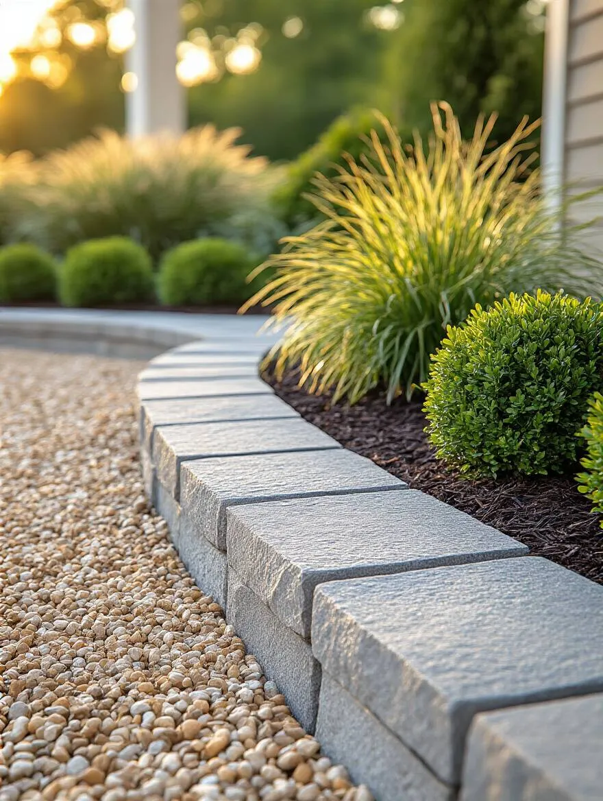 Crisp patio edge defined by stone coping and a manicured planting border