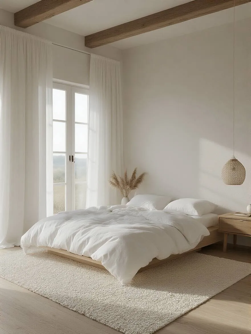 Portrait of a white bedroom showing a defined aesthetic: Minimalist, Boho, or Modern Luxe