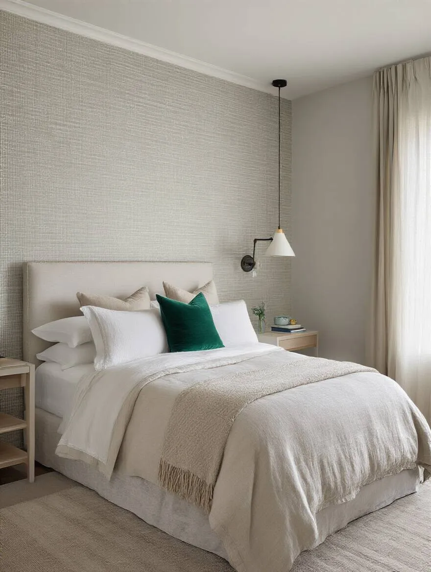 Modern bedroom with a subtly textured accent wallpaper, showcasing adaptable decor for serene, bold, or playful moods, bathed in natural light.