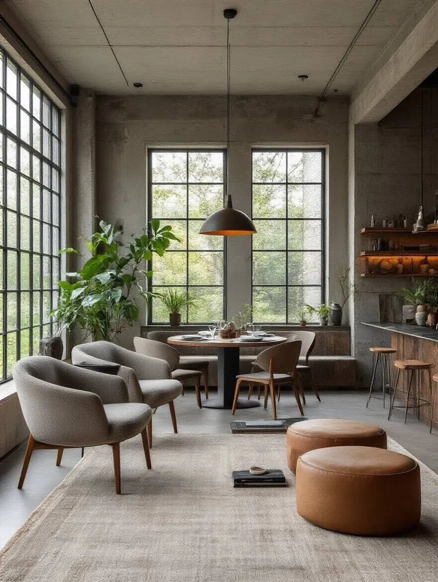 A visually conceptual dining room showcasing a blend of minimalist, industrial, and organic modern contemporary aesthetics, defining unique design styles.